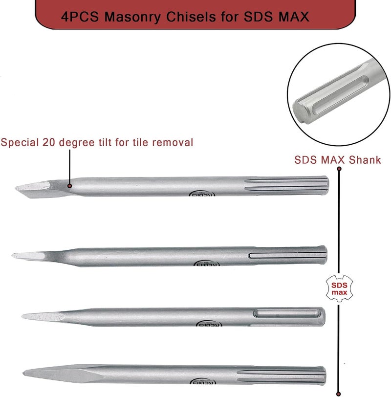 Regiis Tech 4 pcs SDS MAX 11 inch Chisel Set, Masonry Concrete Drill Bit Set, Tile Removal Chisel Bits for Rotary Hammer with Point Flat Tile Scraping Chisels - Image 3